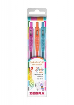 Zseléstoll készlet, 0,33 mm, nyomógombos, ZEBRA "Sarasa Clip Boho Vibes", 3 különböző szín